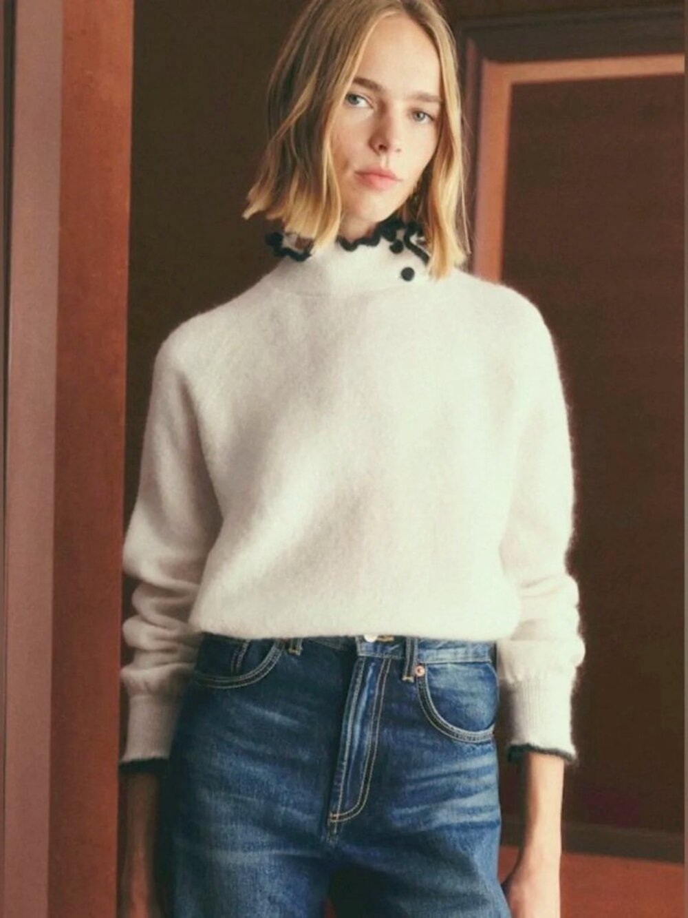 Like New Sezane Carlota Wool Mohair Contrast Trim Sweater Ecru Black Small
